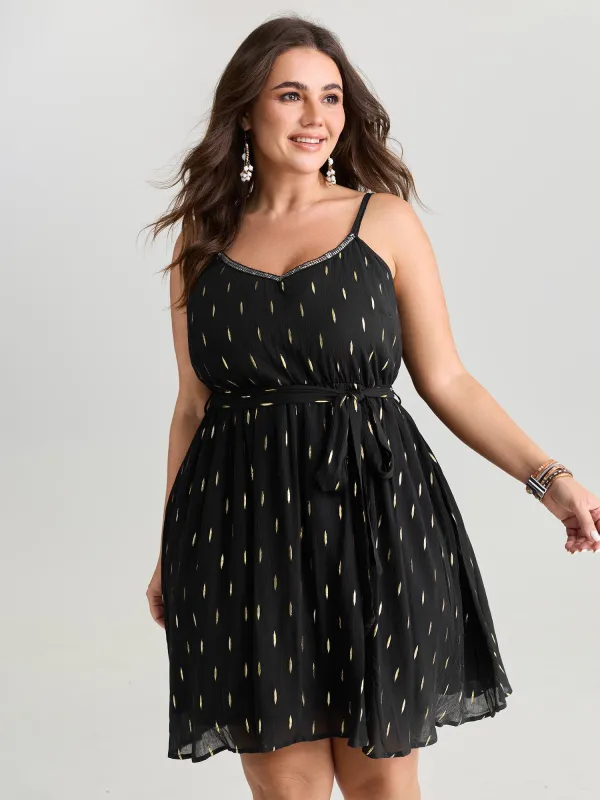 Sequin Neckline Textured Waist-Tie Mini Dress made by Bloomchic