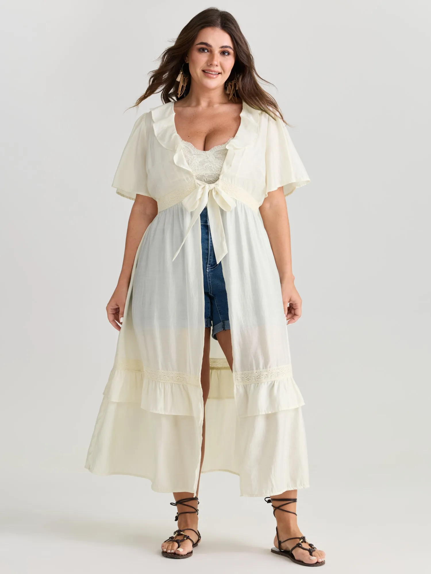 Sheer Lace Lotus Leaf Detail Kimono sold by Bloomchic