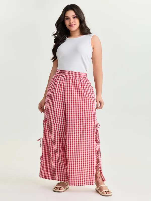 Cotton Gingham Print Side-Tie Pants made by Bloomchic