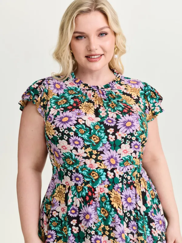 Vibrant Floral Print Ruffled Neckline Mini Dress made by Bloomchic