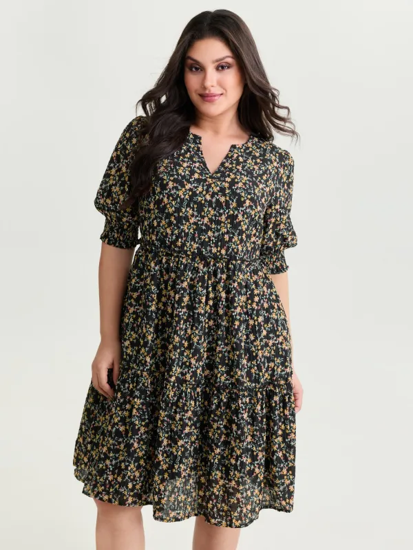 Micro Floral Print Shirred Cuff Mini Dress made by Bloomchic