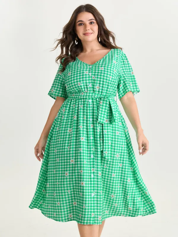 Floral Check Print Waist-Tie Midi Dress made by Bloomchic