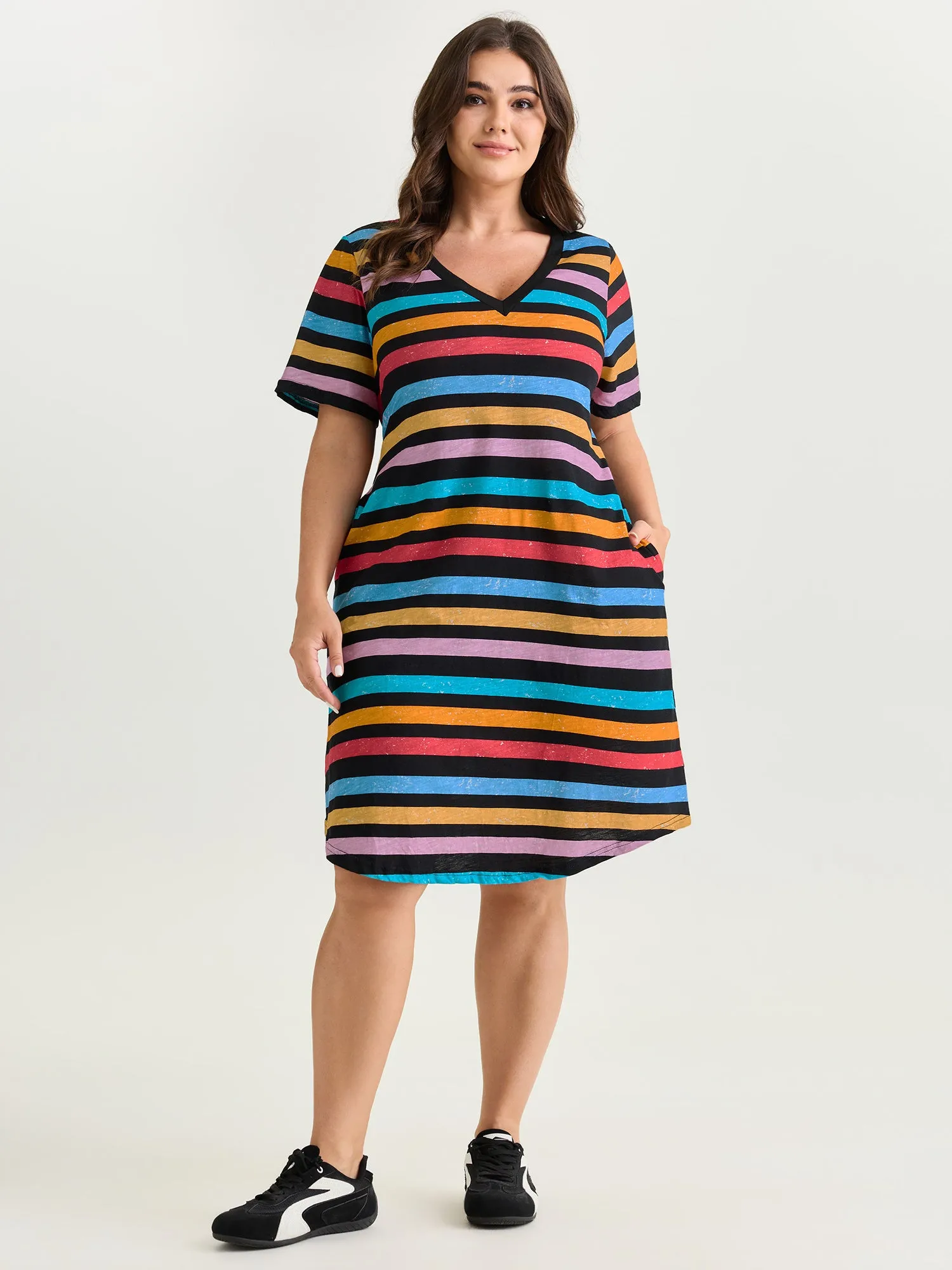 Cotton Stretchy Colorful Striped V-Neckline Midi Dress sold by Bloomchic product image thumbnail 3