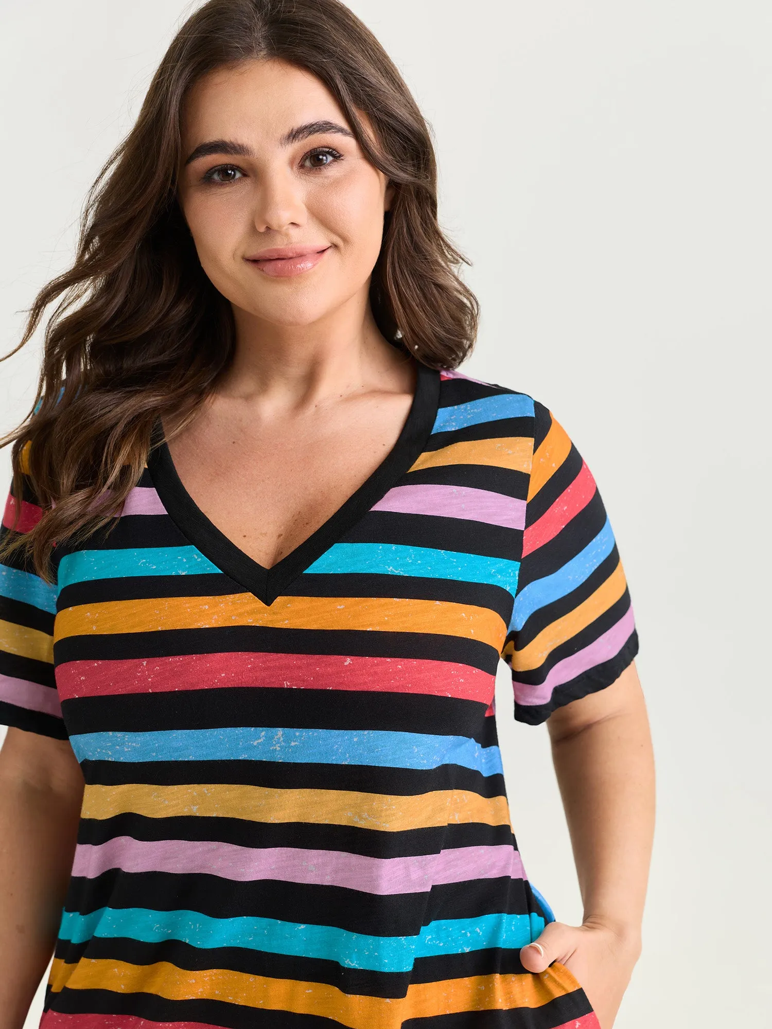 Cotton Stretchy Colorful Striped V-Neckline Midi Dress sold by Bloomchic product image thumbnail 2