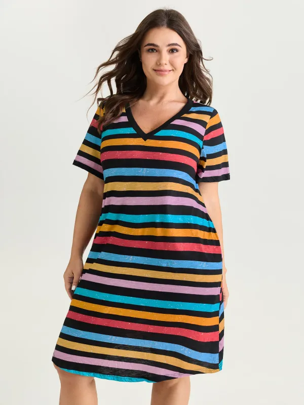 Cotton Stretchy Colorful Striped V-Neckline Midi Dress made by Bloomchic