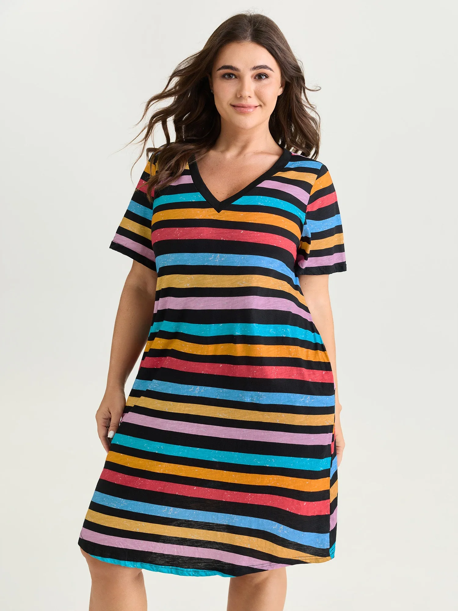 Cotton Stretchy Colorful Striped V-Neckline Midi Dress sold by Bloomchic