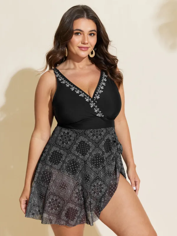Geometric Print Embroidered Neckline Swim Dress made by Bloomchic
