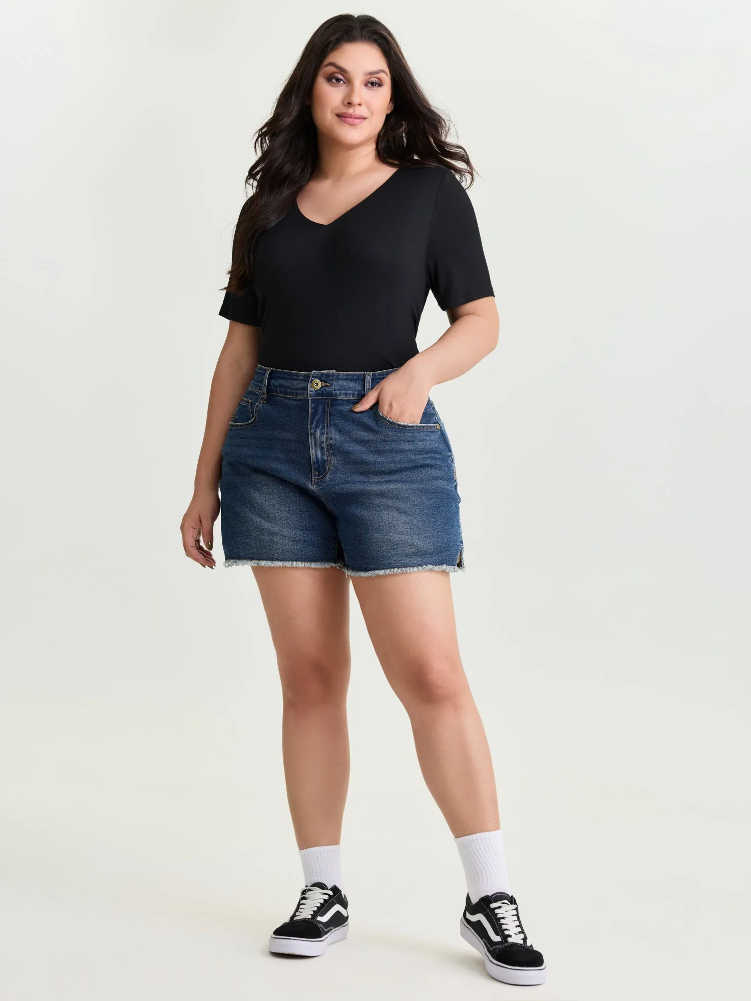 Raw Hem Stretchy Straight-Leg Denim Shorts sold by Bloomchic