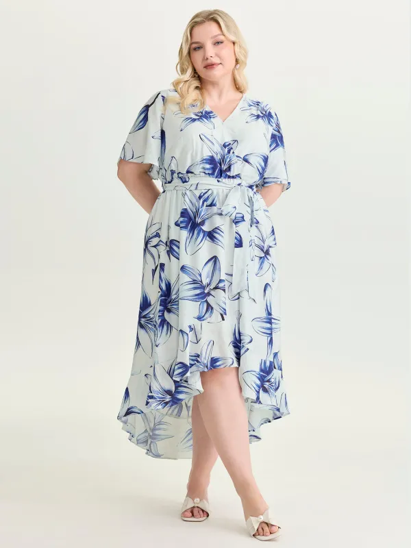 Large Floral Print Wrap Ruffled Hem Midi Dress made by Bloomchic