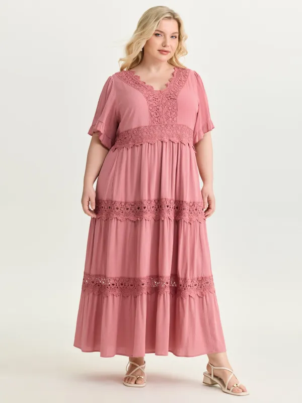 Lace Trim V-Neckline Tiered Maxi Dress made by Bloomchic
