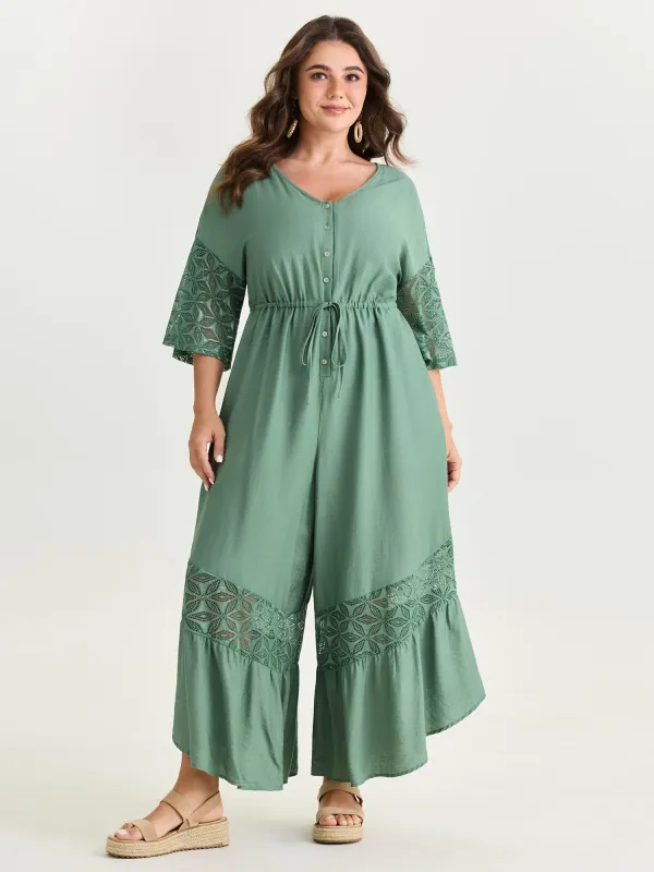 Lace Trim Sheer Sleeve Jumpsuit made by Bloomchic