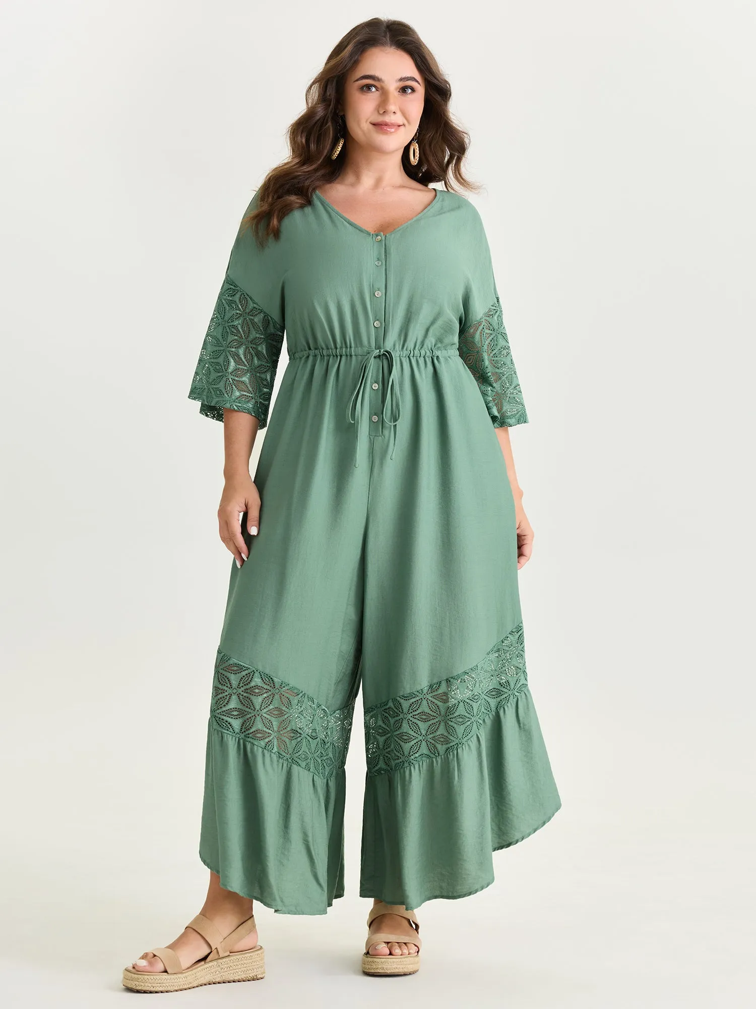 Lace Trim Sheer Sleeve Jumpsuit sold by Bloomchic