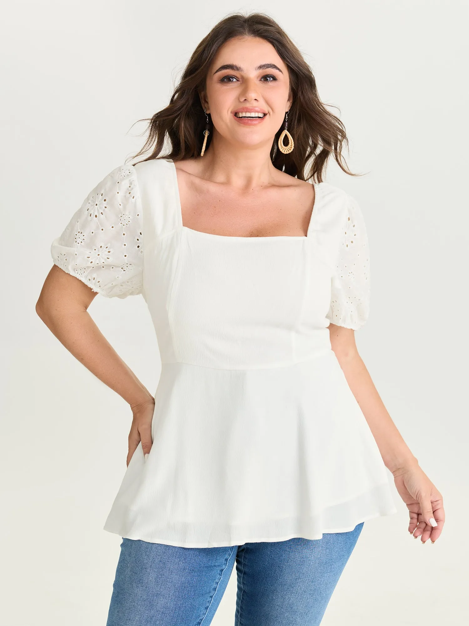Cotton Floral Eyelet Trim Fit And Flare Blouse sold by Bloomchic