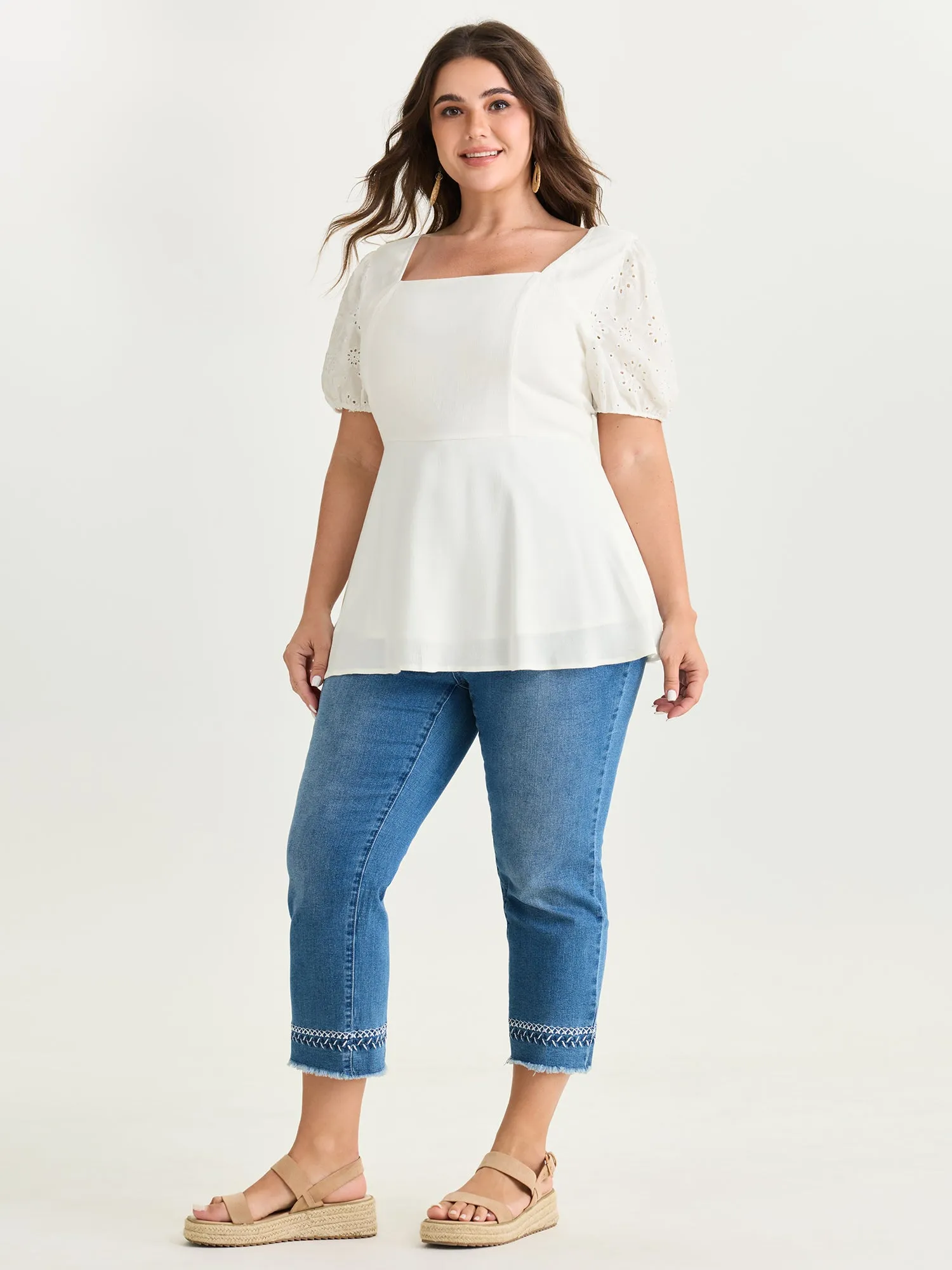 Cotton Floral Eyelet Trim Fit And Flare Blouse sold by Bloomchic product image thumbnail 3