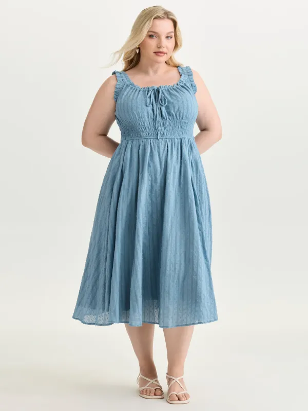 Textured Shirred Bodice Ruffled Straps Midi Dress made by Bloomchic