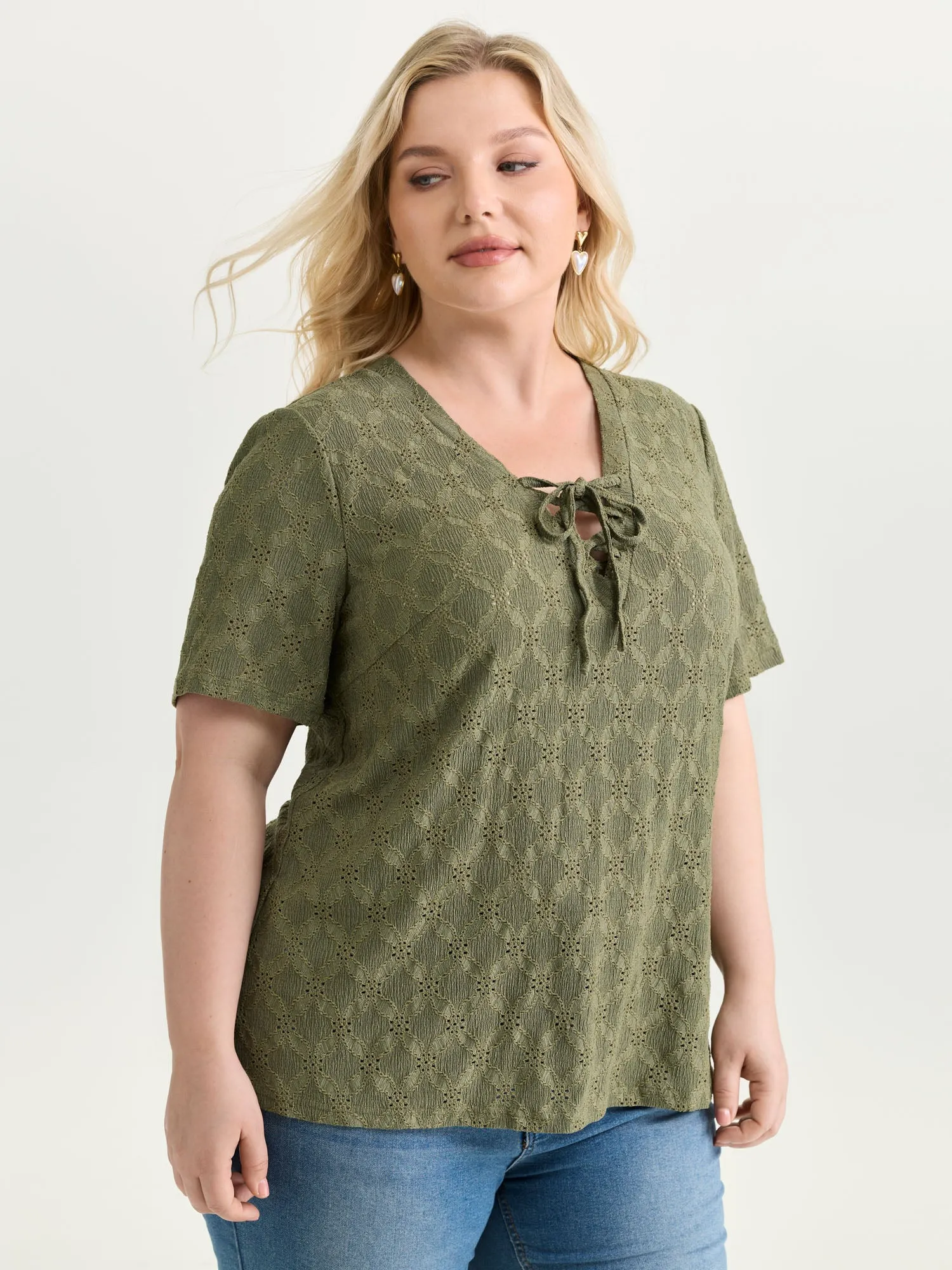 Lace Cut-Out Trim Neck-Tie T-Shirt sold by Bloomchic