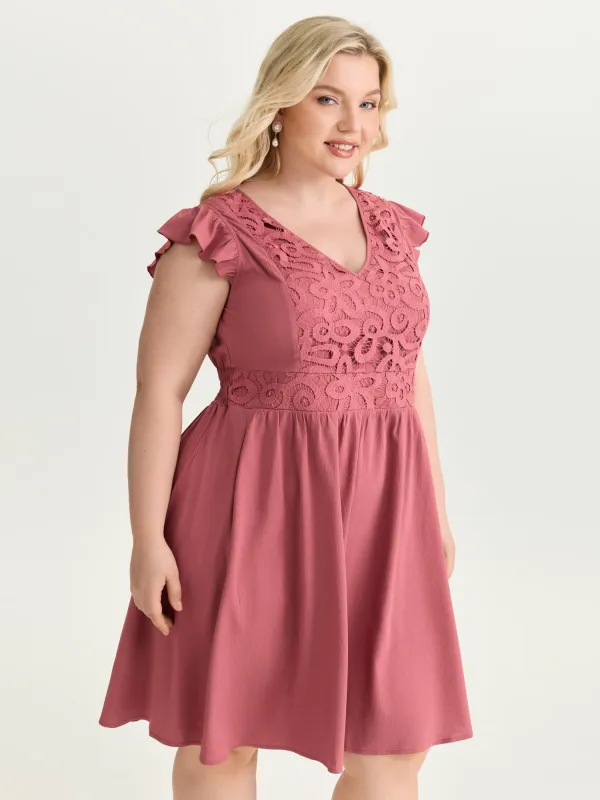 Lace Textured Bodice Flutter Sleeve Mini Dress made by Bloomchic