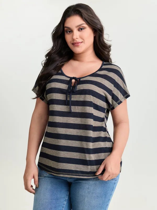 Stretchy Striped Print Neck-Tie T-Shirt made by Bloomchic