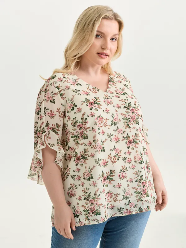 Floral Print Flared Sleeve Lined Blouse made by Bloomchic