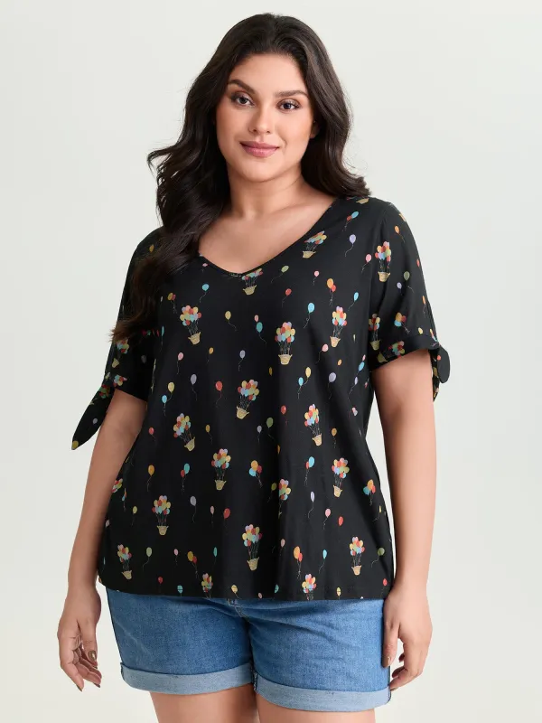 Cotton Multi-Color Balloons Print Sleeve-Tie T-Shirt made by Bloomchic