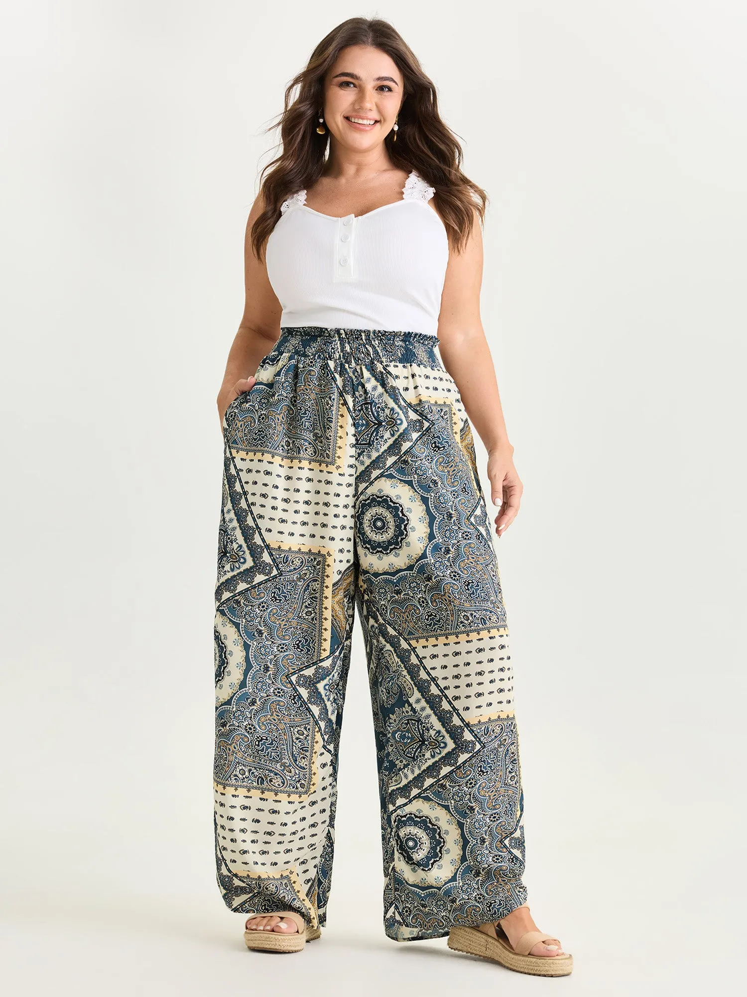 Supersoft Geometric Print Shirred Waist Pants sold by Bloomchic