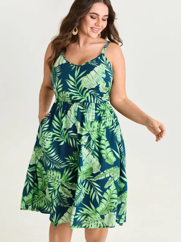 Tropical Plant Print V-Neck Midi Dress made by Bloomchic
