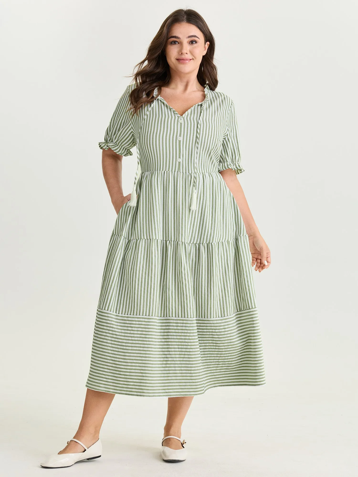 Striped Print Drawstring Tiered Maxi Dress sold by Bloomchic