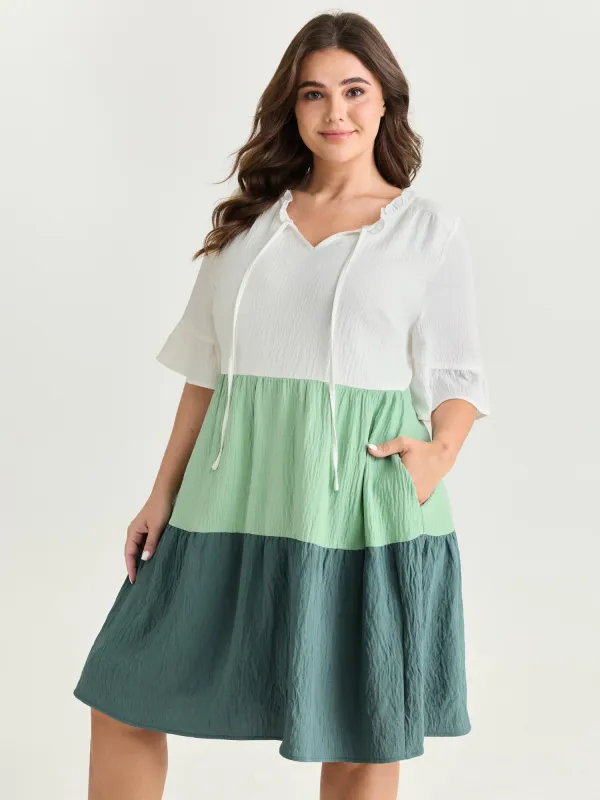Colorblock Drawstring Neckline Tiered Mini Dress made by Bloomchic