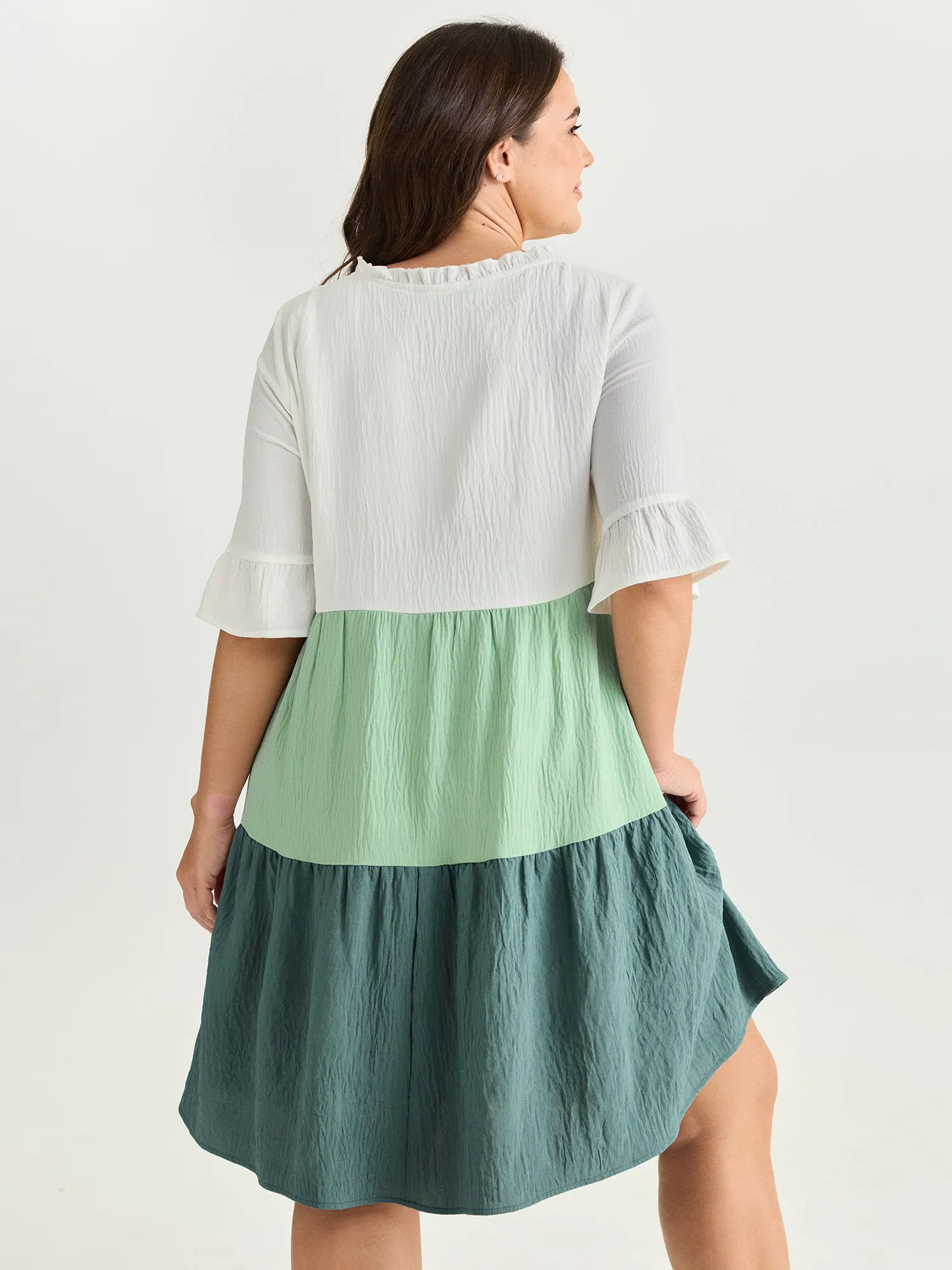 Colorblock Drawstring Neckline Tiered Mini Dress sold by Bloomchic product image thumbnail 4