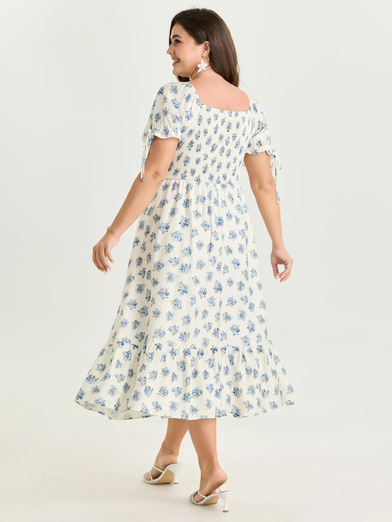 Floral Print Shirred Bodice Sleeve-Tie Maxi Dress sold by Bloomchic product image thumbnail 4