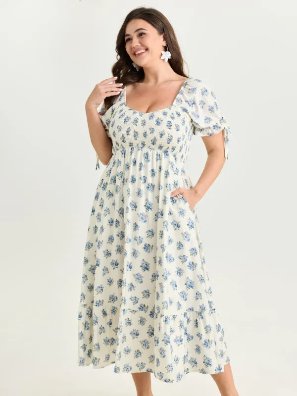 Floral Print Shirred Bodice Sleeve-Tie Maxi Dress made by Bloomchic