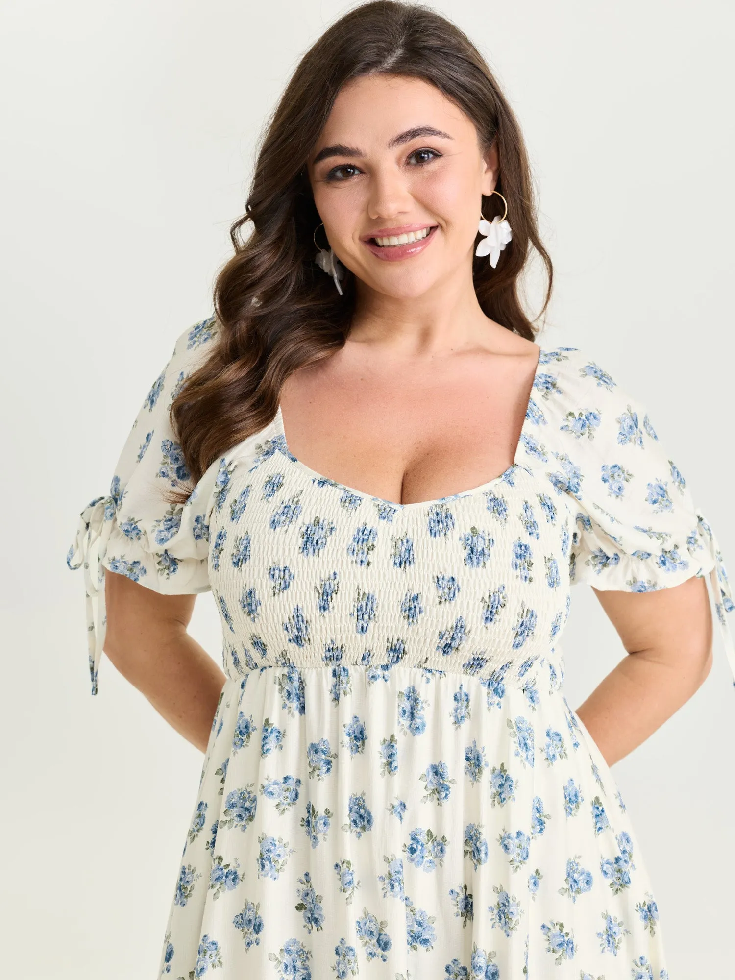 Floral Print Shirred Bodice Sleeve-Tie Maxi Dress sold by Bloomchic product image thumbnail 2