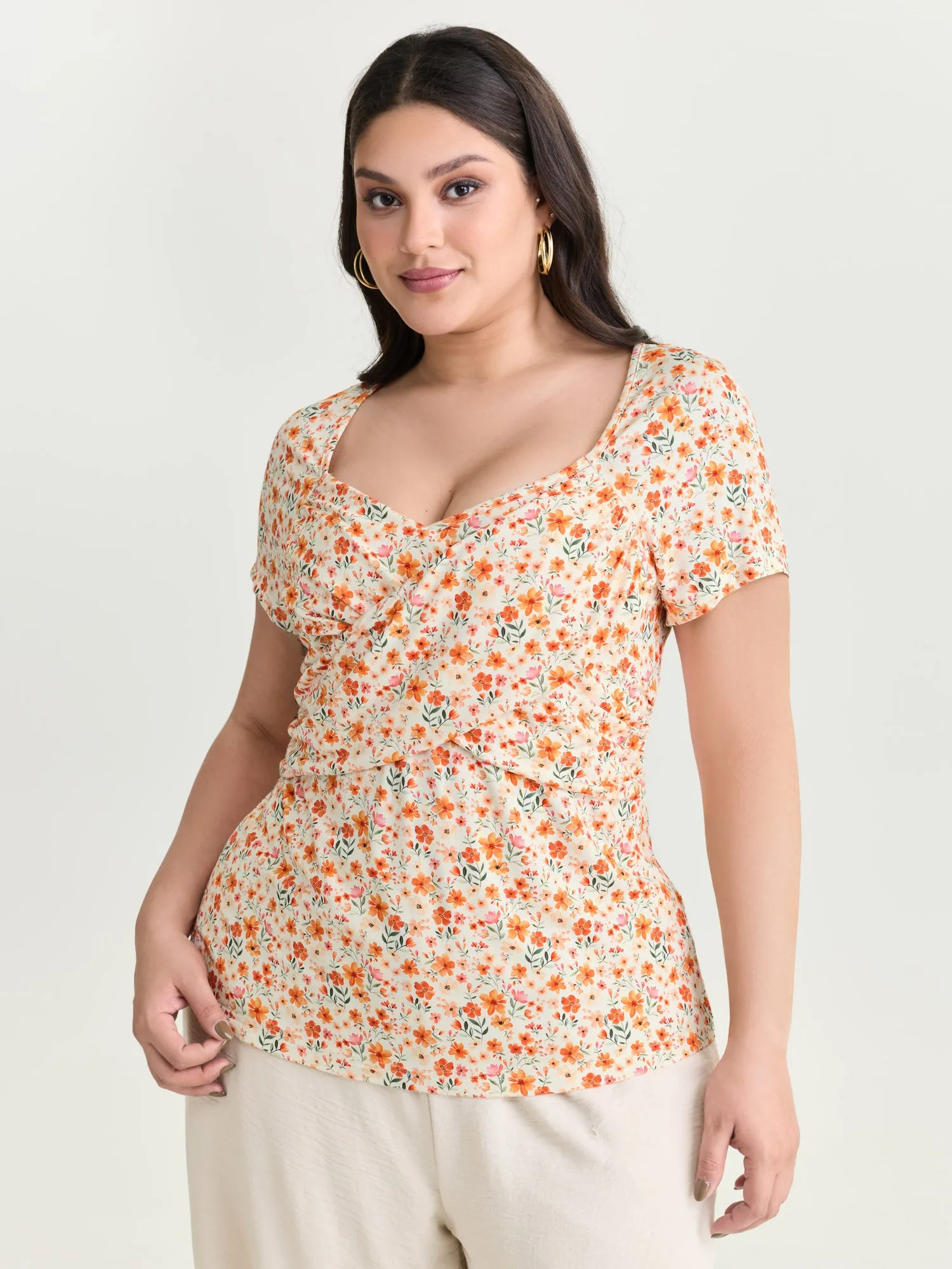 Floral Print Overlap Pleats Knit Top sold by Bloomchic