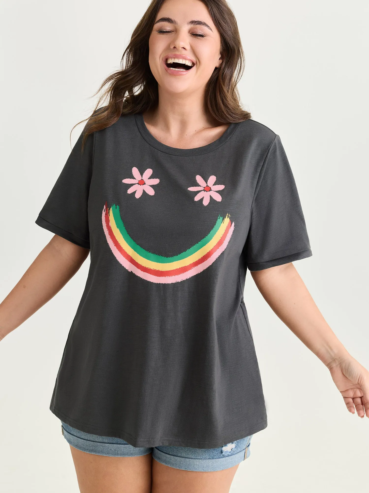 Happy Rainbow Print Round Neck T-Shirt sold by Bloomchic