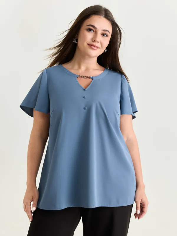 Button Detail Metal Loop Neckline Blouse made by Bloomchic