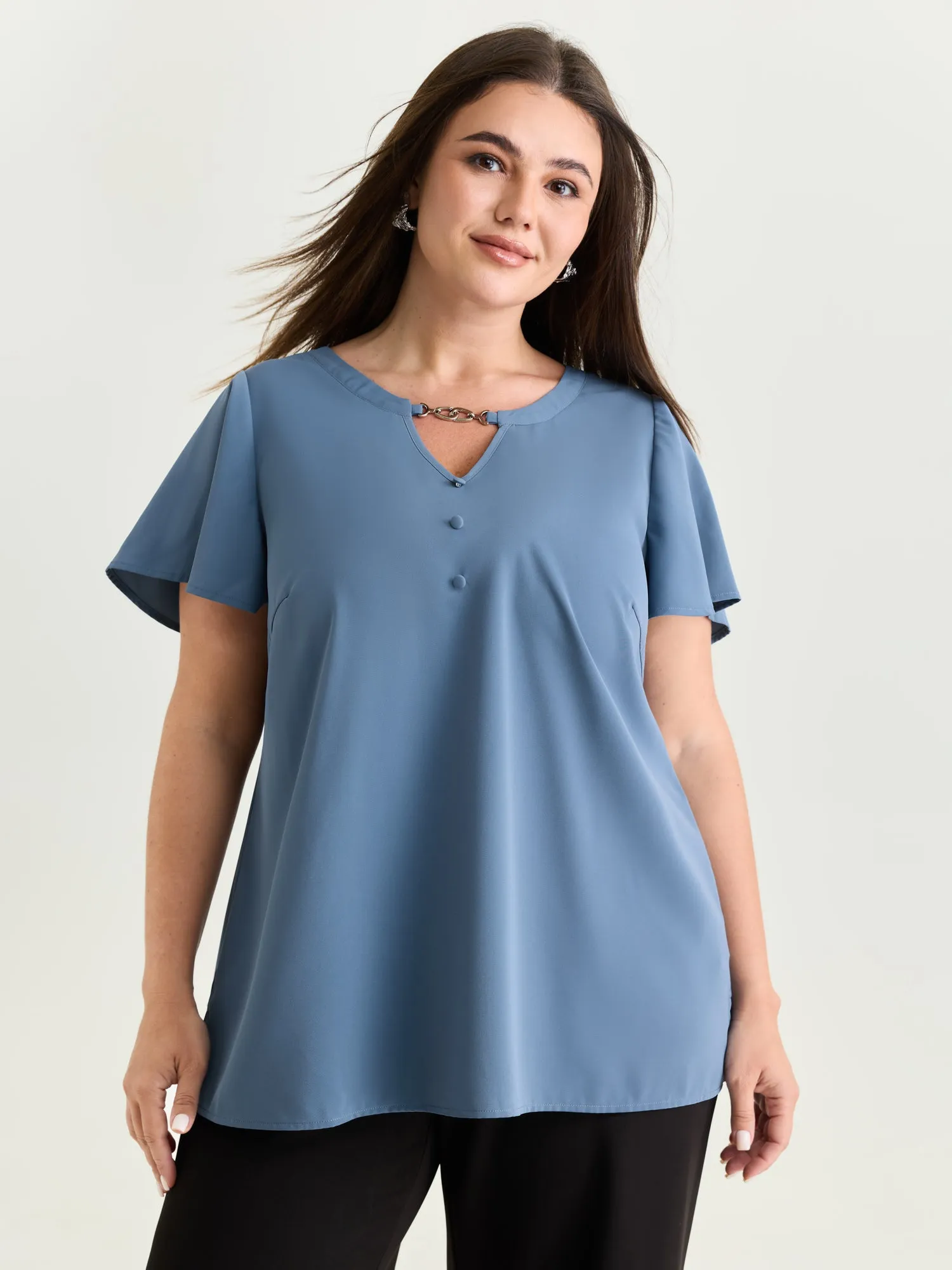 Button Detail Metal Loop Neckline Blouse sold by Bloomchic