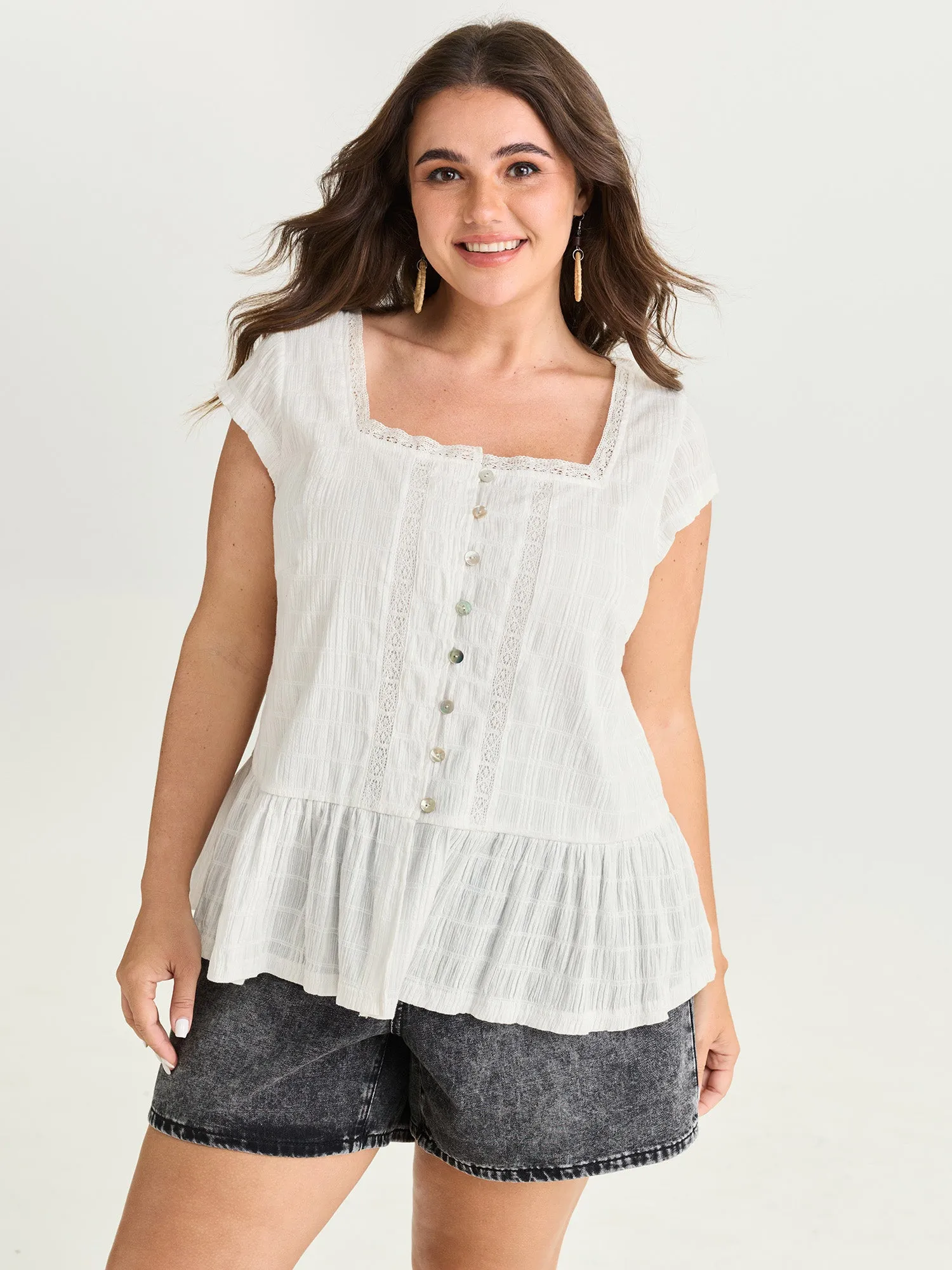 Lace Trim Sheer Ruffled Hem Blouse sold by Bloomchic