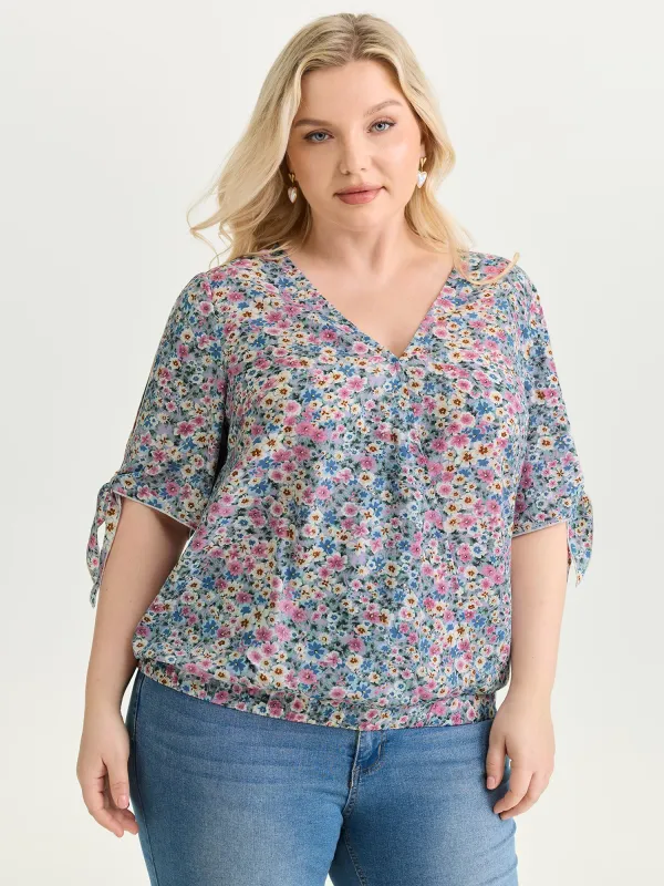 Floral Print Adjustable Sleeve Tie Blouse made by Bloomchic