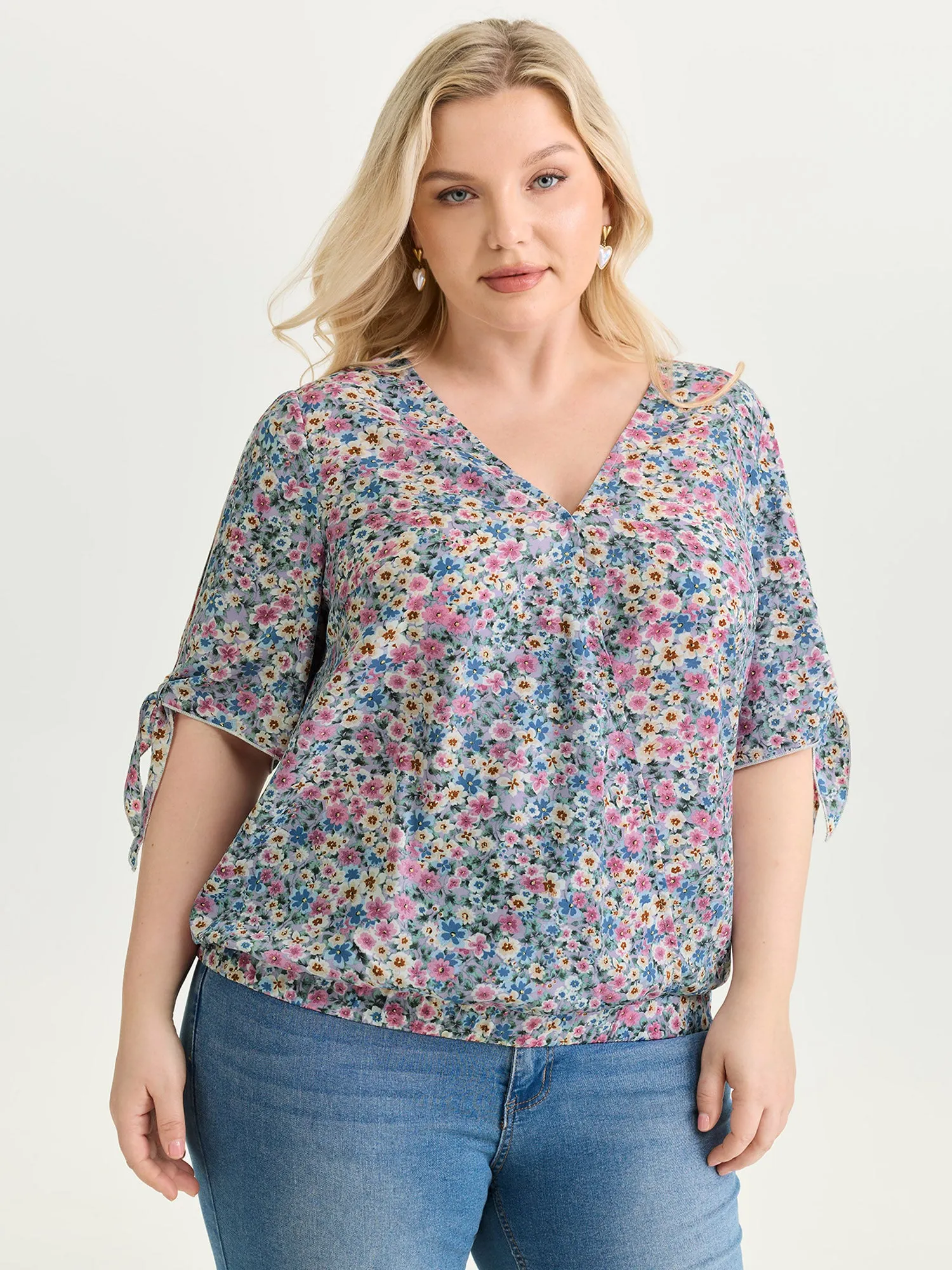 Floral Print Adjustable Sleeve Tie Blouse sold by Bloomchic