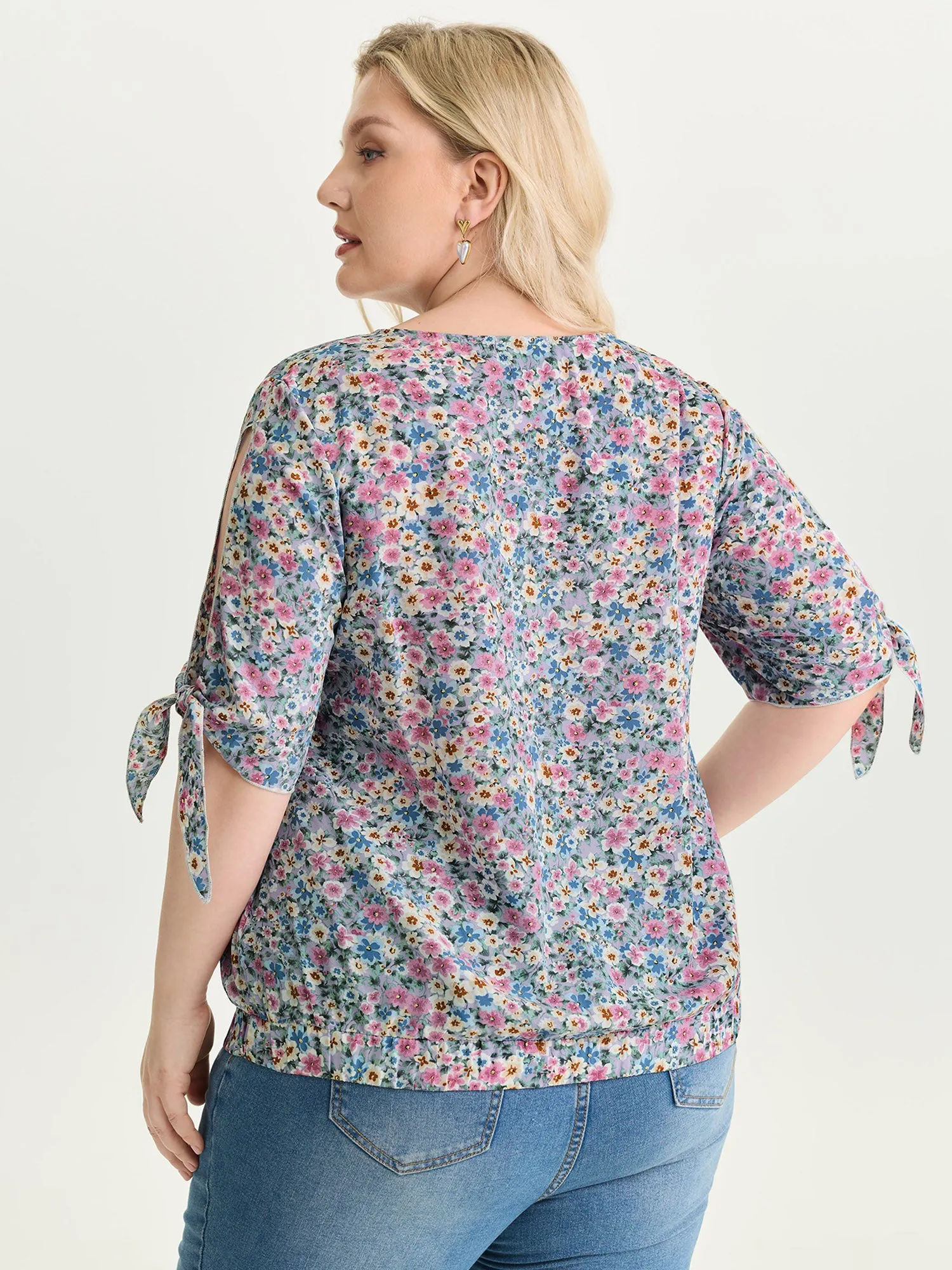 Floral Print Adjustable Sleeve Tie Blouse sold by Bloomchic product image thumbnail 4