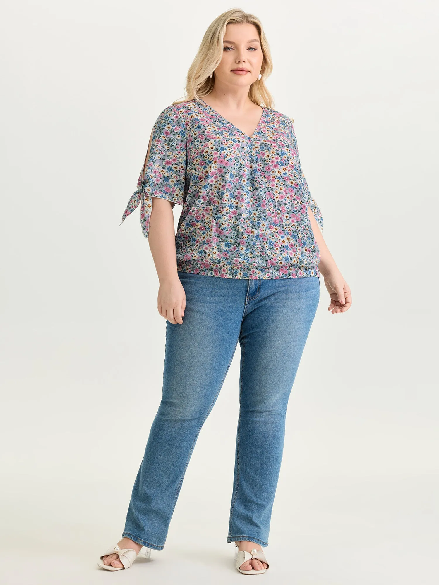 Floral Print Adjustable Sleeve Tie Blouse sold by Bloomchic product image thumbnail 3