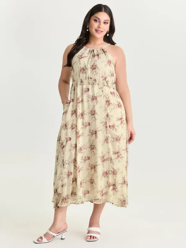 Romantic Floral Print Halter Neckline Maxi Dress made by Bloomchic