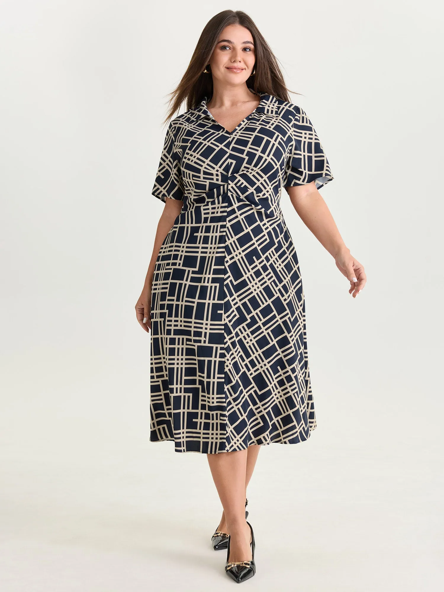 Geometric Print Collar Pleated Midi Dress sold by Bloomchic