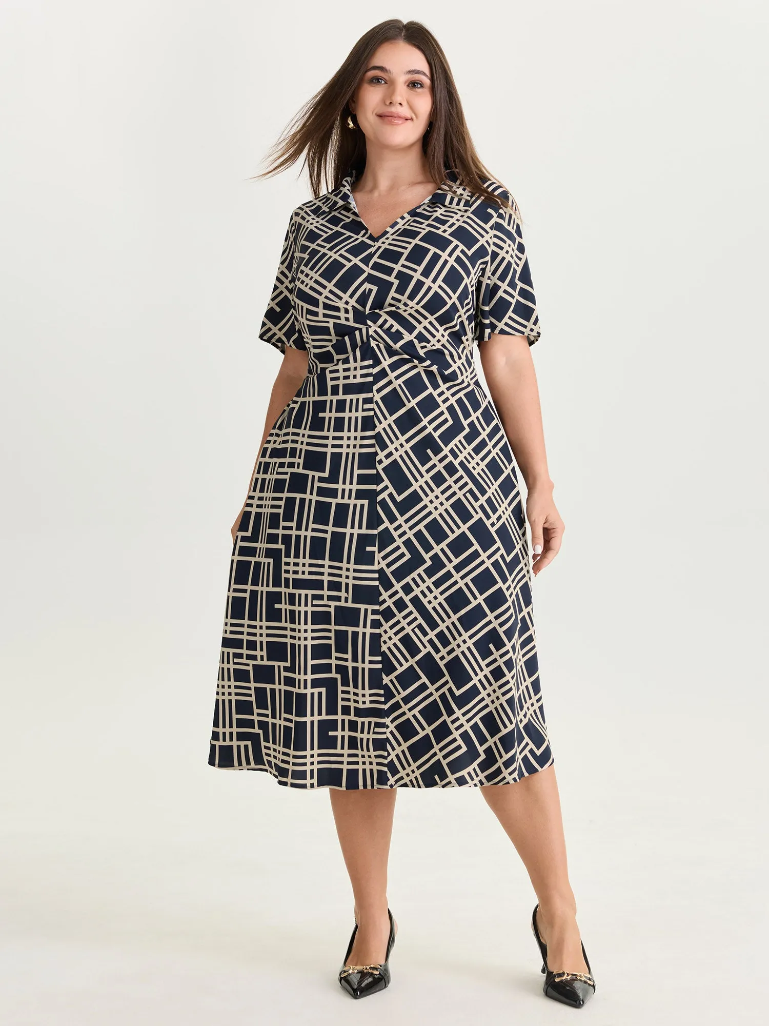 Geometric Print Collar Pleated Midi Dress sold by Bloomchic product image thumbnail 3