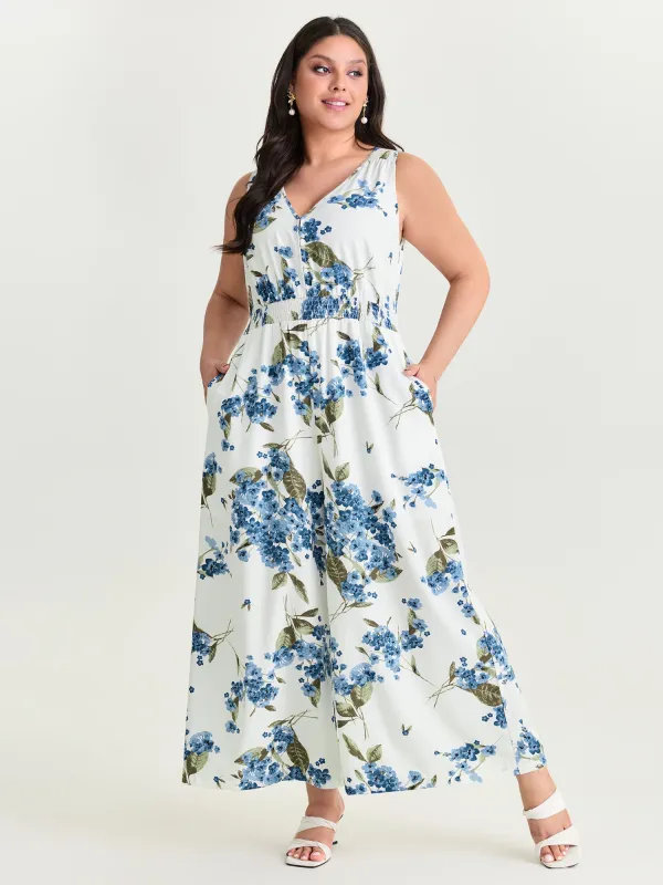 Large Floral Print Shirred Waist Jumpsuit made by Bloomchic