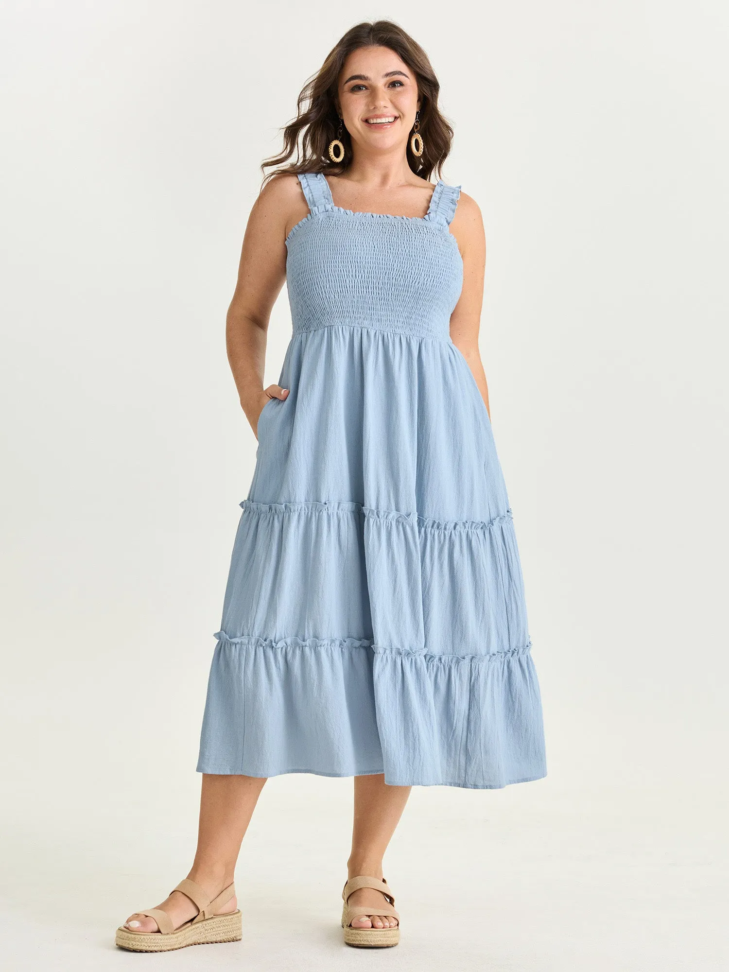 Cotton Shirred Bodice Ruffled Straps Plain Maxi Dress sold by Bloomchic