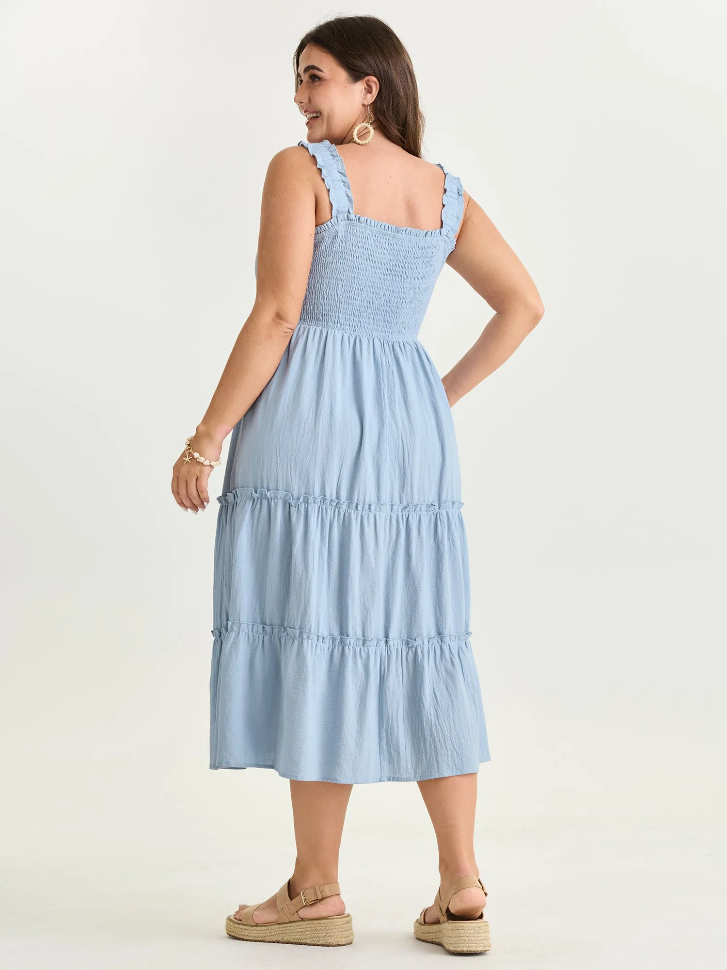 Cotton Shirred Bodice Ruffled Straps Plain Maxi Dress sold by Bloomchic product image thumbnail 5