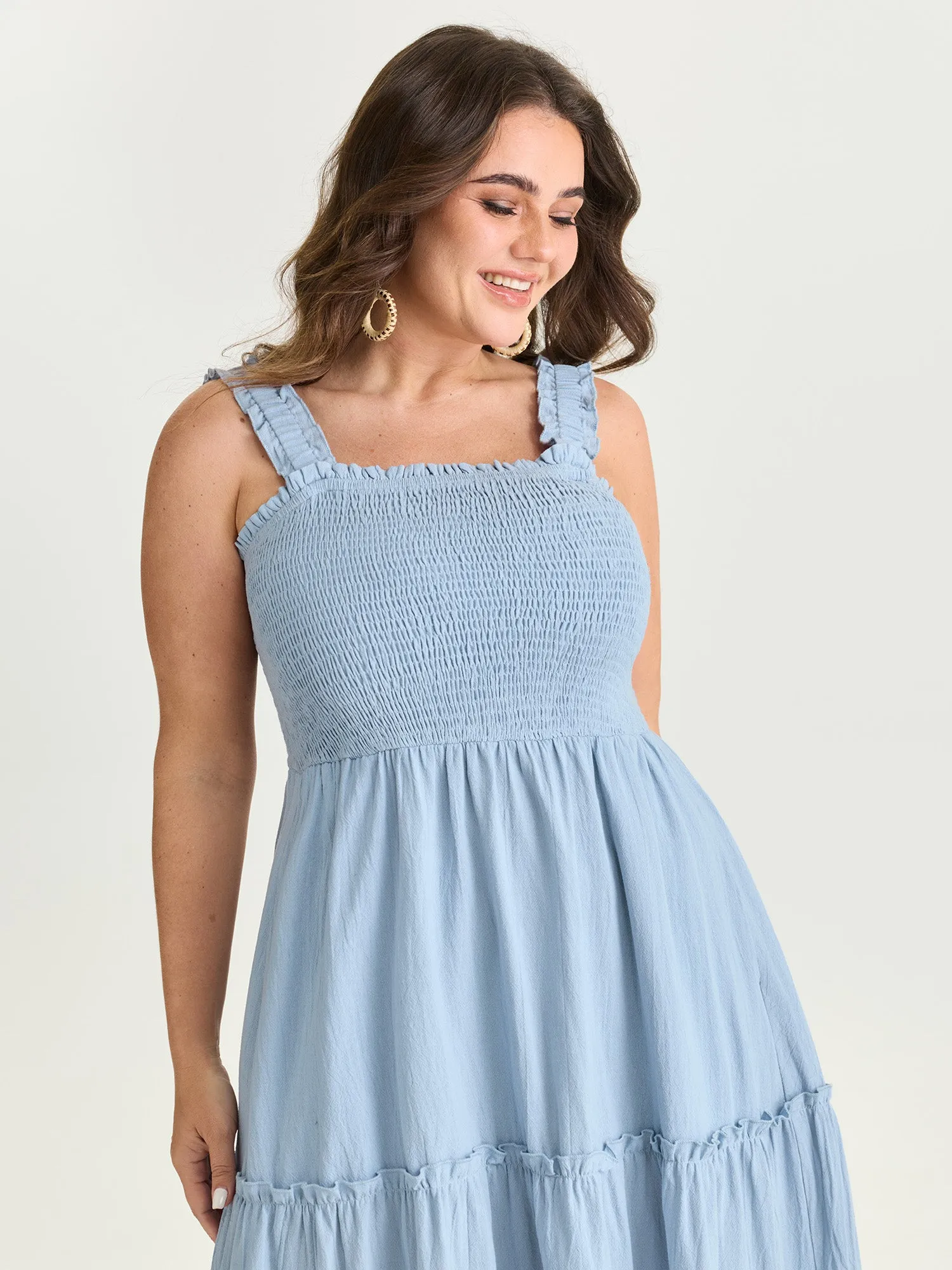 Cotton Shirred Bodice Ruffled Straps Plain Maxi Dress sold by Bloomchic product image thumbnail 2