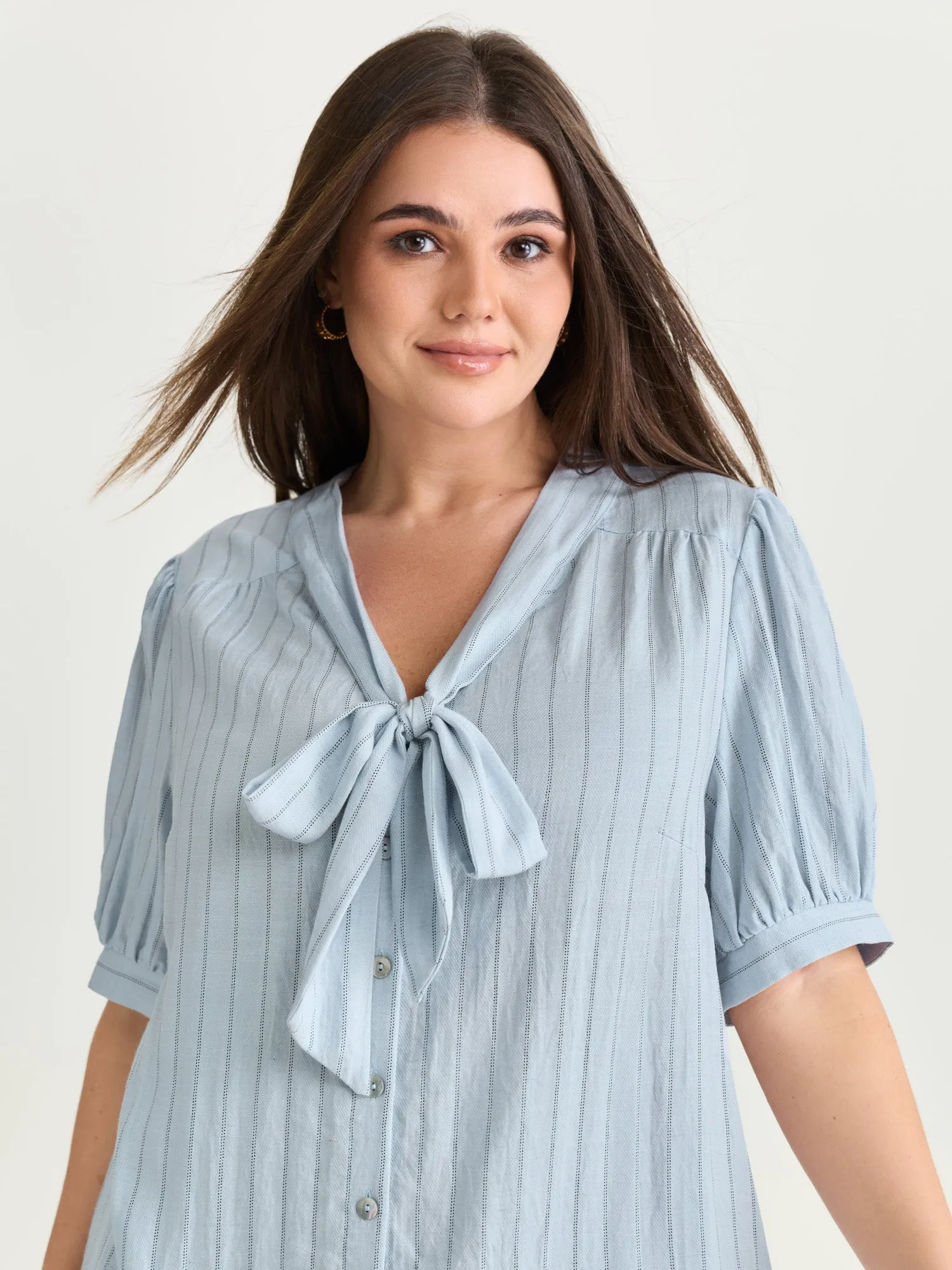 Cotton Bowknot Neckline Button-Down Blouse sold by Bloomchic product image thumbnail 4