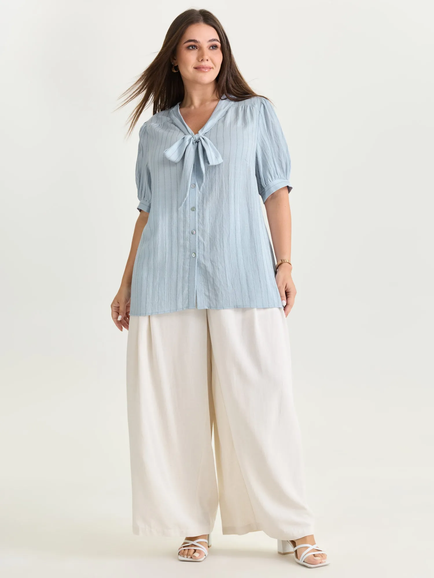 Cotton Bowknot Neckline Button-Down Blouse sold by Bloomchic product image thumbnail 3